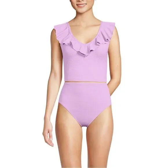 Land's End Two Piece Pique Ruffle Midkini Hi waist bottoms Wild Lilac size Med